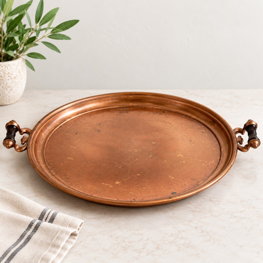 Vintage Copper Serving Tray Large Round Handles 16.5" Patina Unpolished